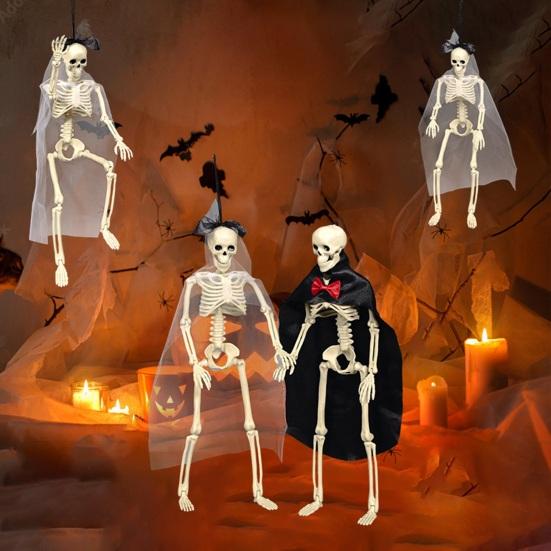 Yousheng Halloween Skeleton Bride Groom Statue 15 Inch Plastic Posable Skeleton Wedding Couple Hanging Ornament with Veils Robe for Haunted House