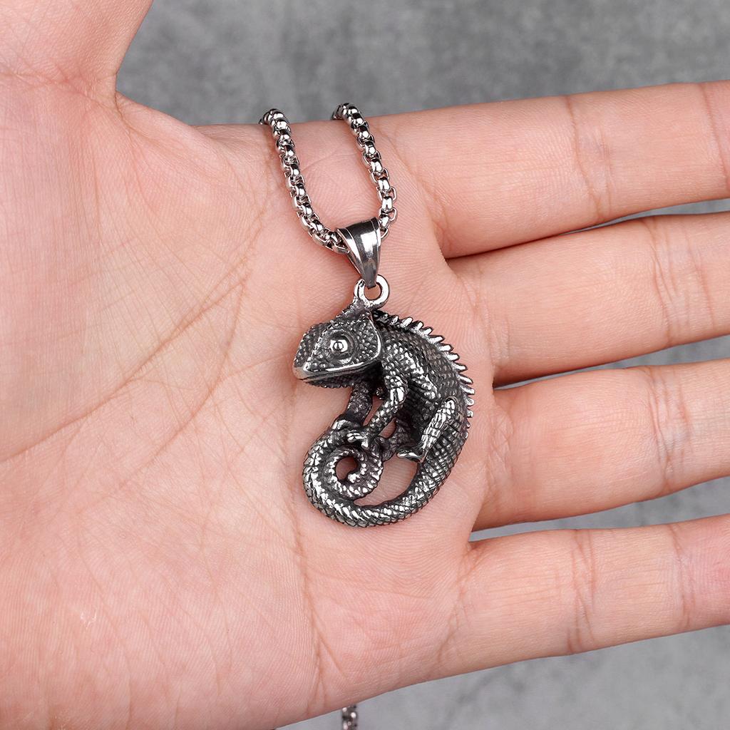 Chameleon Lizard Animal Mens Long Necklaces Pendants Chain HipHop Unique for Boy Male Stainless Steel Jewelry Creativity Gift