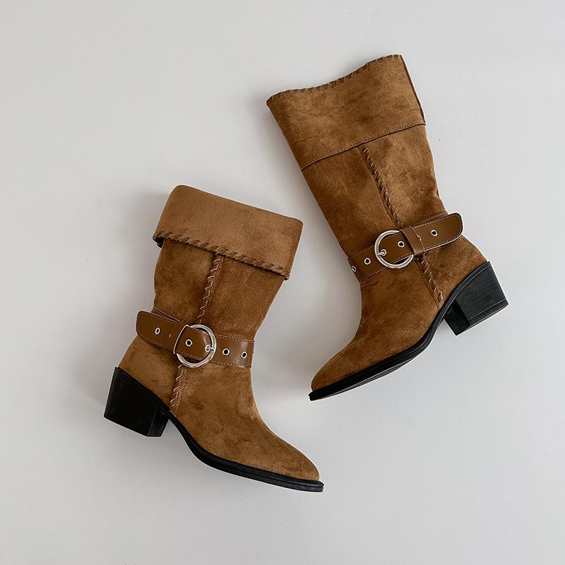Vintage thick heel western boots autumn women's winter fashion niche design sense suede pointed Martin boots wide tube medium boots