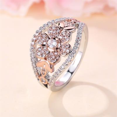 Cute Female White Flower Round Zircon Stone Ring Rose Gold Color Dainty Gift Party Wedding Jewelry For Women