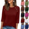 Women 34 Sleeve Crew Neck Button Solid T Shirt Top Comfortable Loose Fit Soft Fabric Casual Style Blouse for Daily Wear