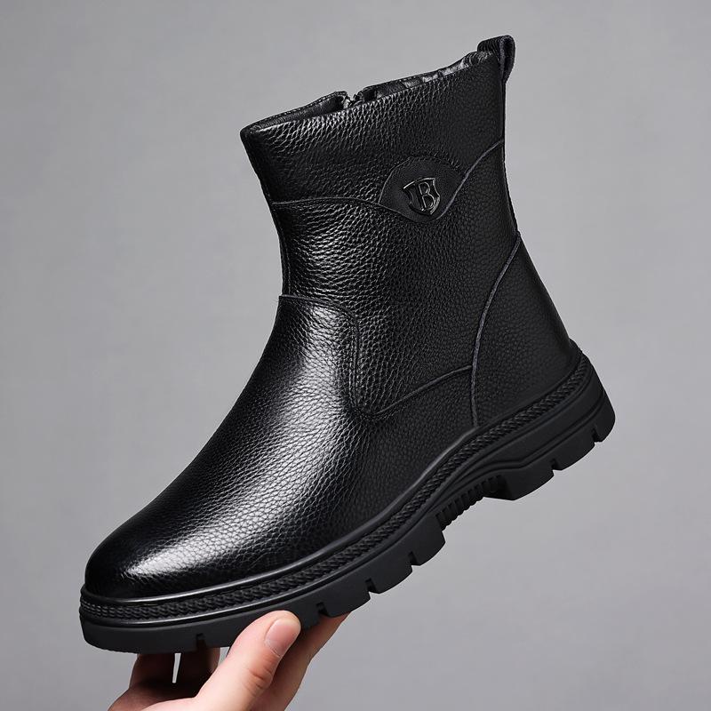 Winter First Layer Cowhide Men's Cotton Shoes Wool Snow Boots Velvet Warm Leather Boots Genuine Leather Middle-aged Leather Shoes Men's Shoes Thick