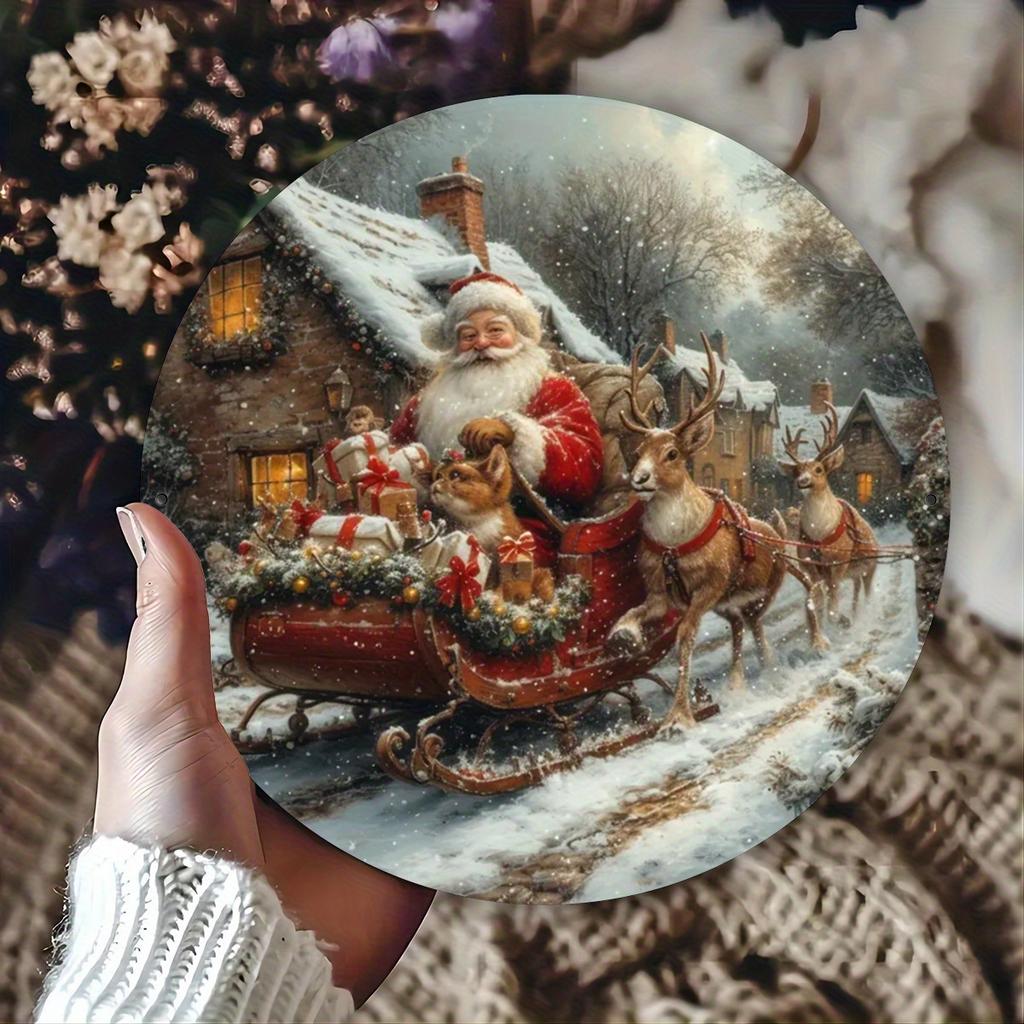 Tin Sign Vintage Santa Claus Sleigh With Cat Reindeer Metal Plaque Wall Decor Christmas Home Living Room Wall Art