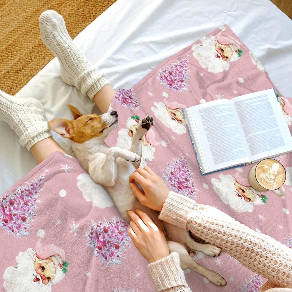 Soft Plush Christmas Blanket,Cute Santa Claus Pink Christmas Tree Snowflake Warm Throw Blanket for Couch