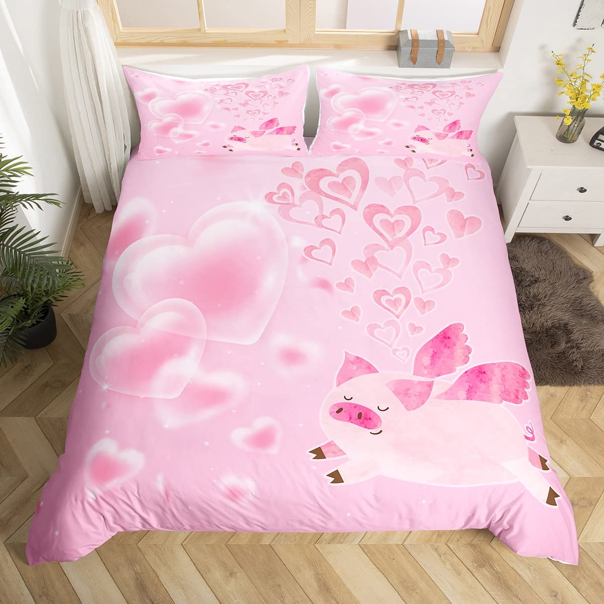

Pink Pig Bedding Set King Queen Sleeping Pig Duvet Cover For Kids Boys Girls Kawaii Animals Comforter Cover With 2 Pillowcases EU single(135x200cm)
