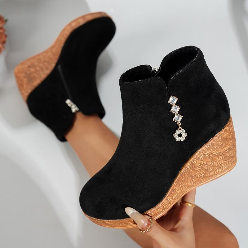 Naked Boots Fall Winter New Fashion Wedge Round Toe Zip Rhinestone Platform Non-Slip Cotton Boots