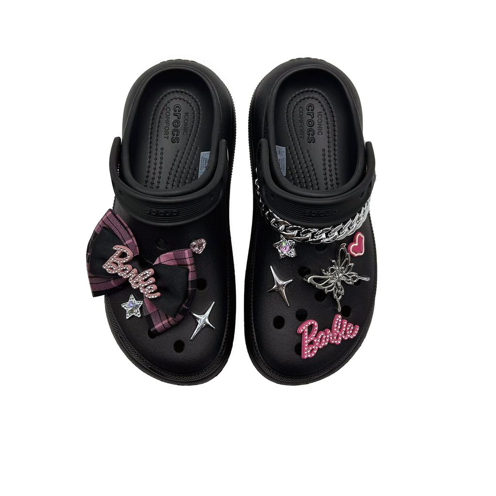 Crocs Classic Quiet Clog Plaid Bow EVA Jinling Chaochuang Dark Colour Versatile Fashion Trend Hole Shoes Unisex Same Black