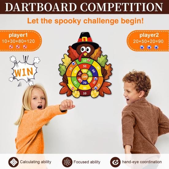 Thanksgiving Game Turkey Dart Board Indoor Outdoor Party Game with 6 Sticky Balls And 8 Dart for Family Adults Activities Holiday Gifts