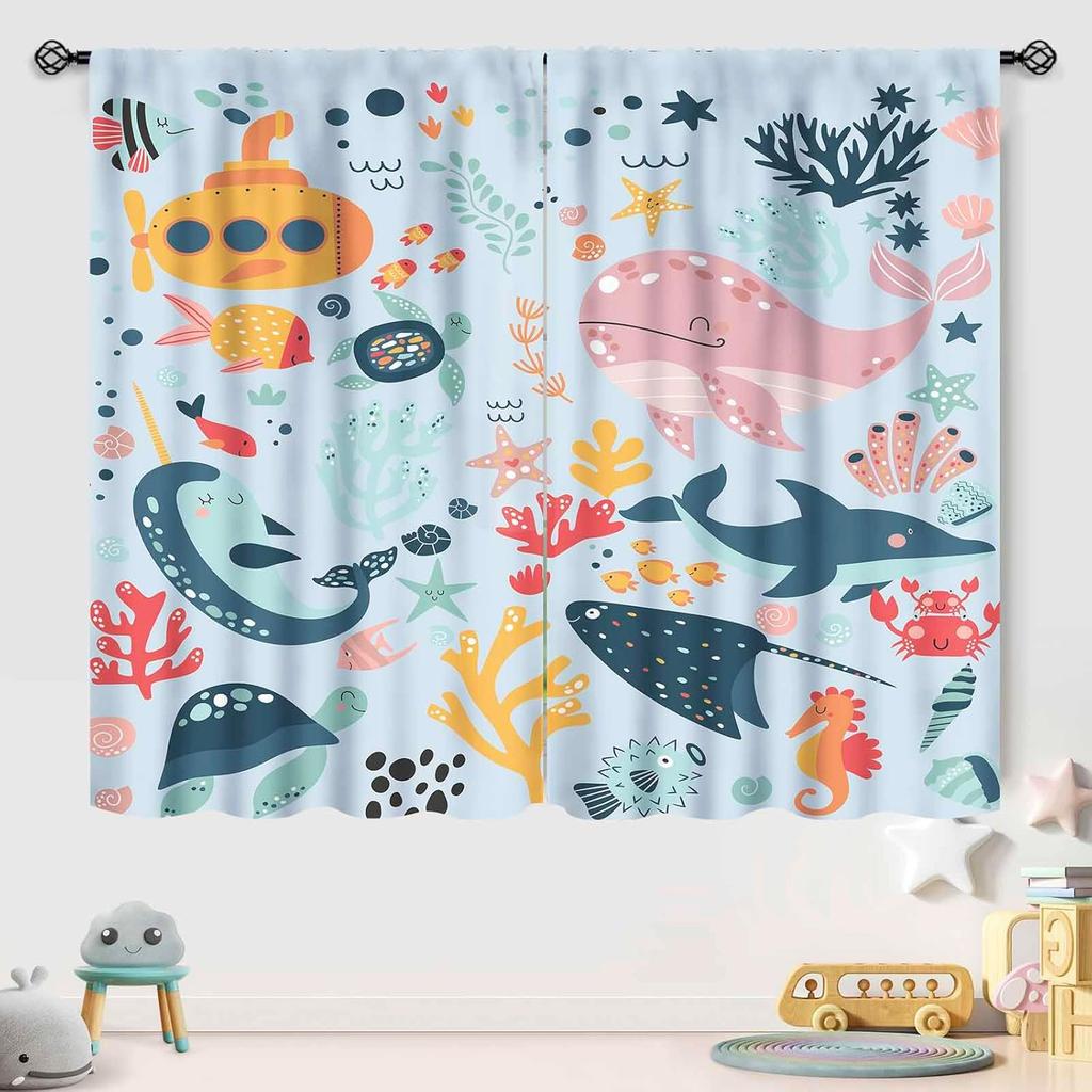 Blue Curtains Kids Room Cartoon Underwater Animals Sharks Turtles Nature Marine Plants Window Drapery Treatments Curtain Polyester Washable Children's