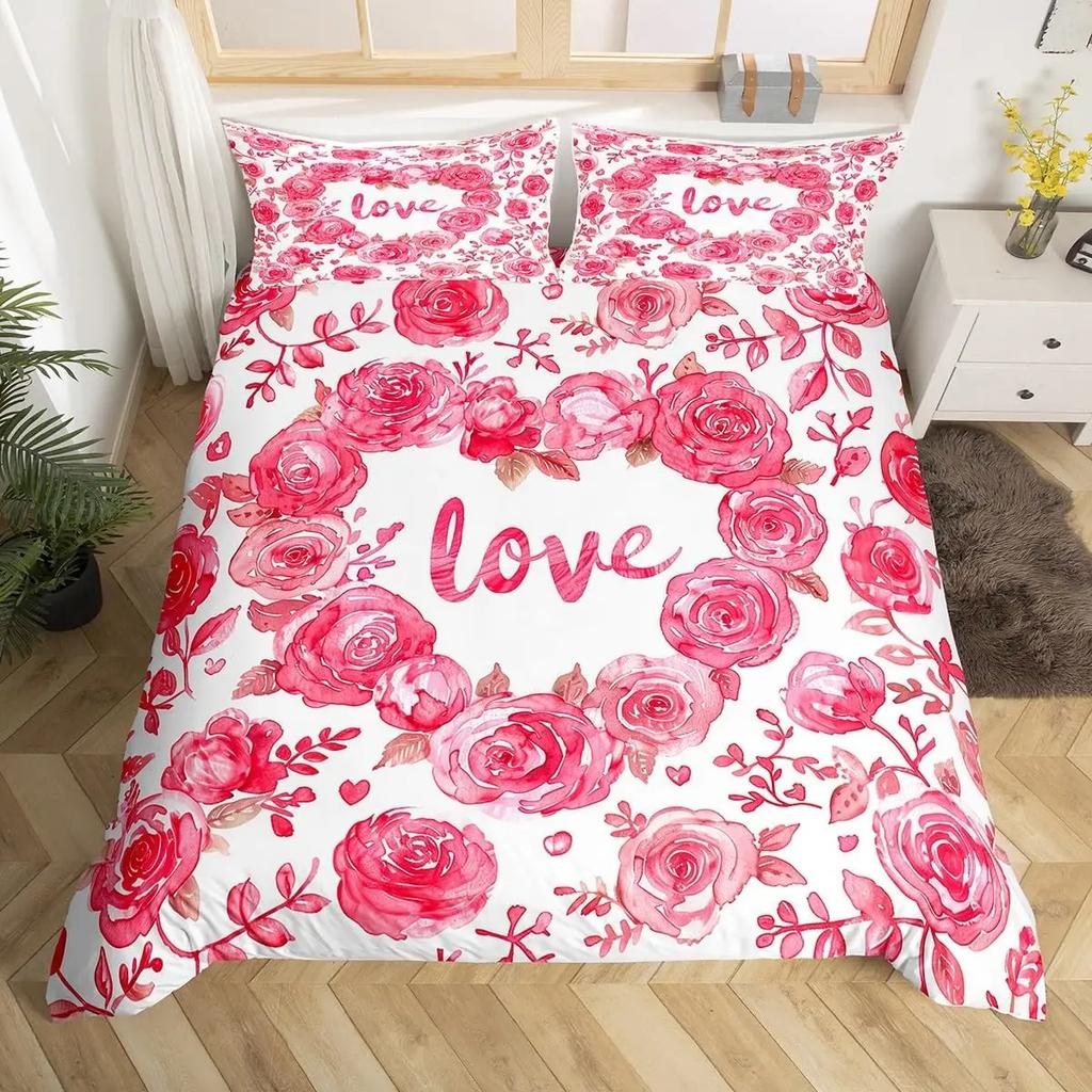 Red Roses Duvet Cover Twin Queen Happy Valentine'S Day Bedding Set Romantic Flowers Comforter Cover Cute Love Heart Quilt Cover