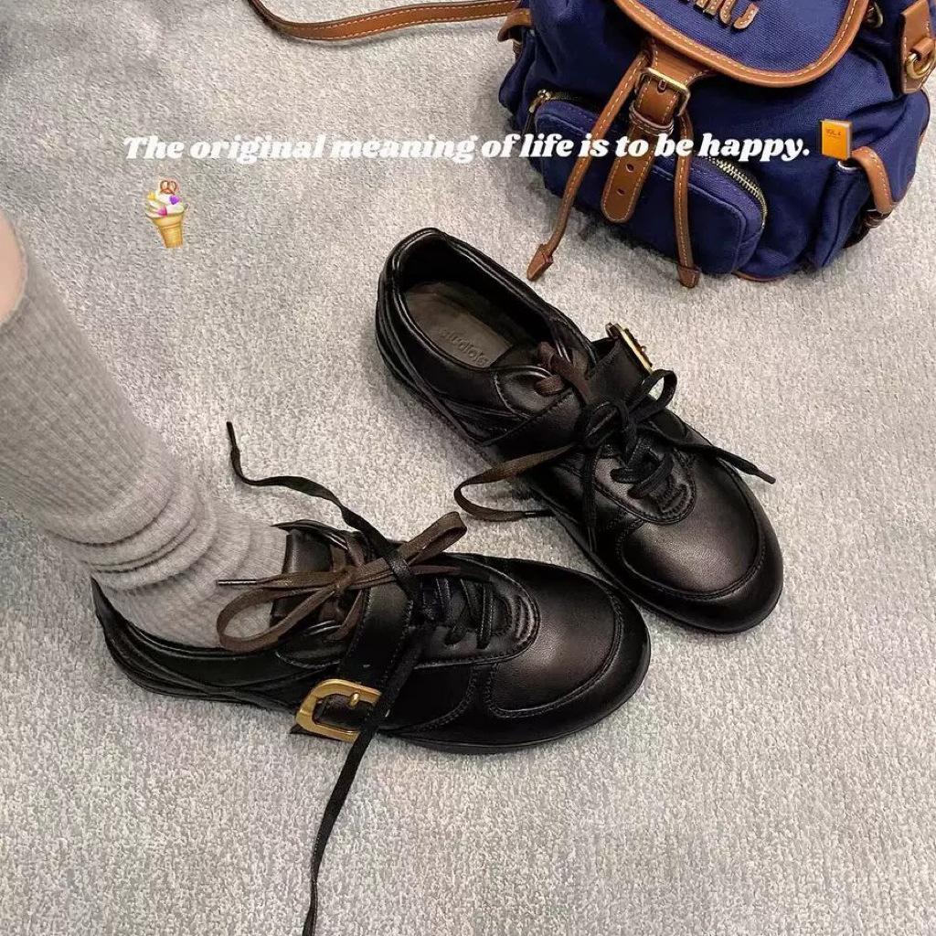 Cowhide grape ma same retro double shoelaces belt buckle sheepskin round head versatile casual moral training shoes women's small leather shoes