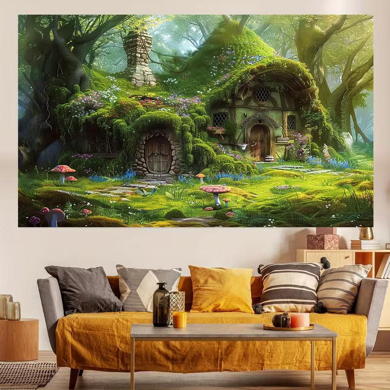 2D Whimsical Magical Forest Fairy Hut with Colorful Mushrooms Party Backdrop
