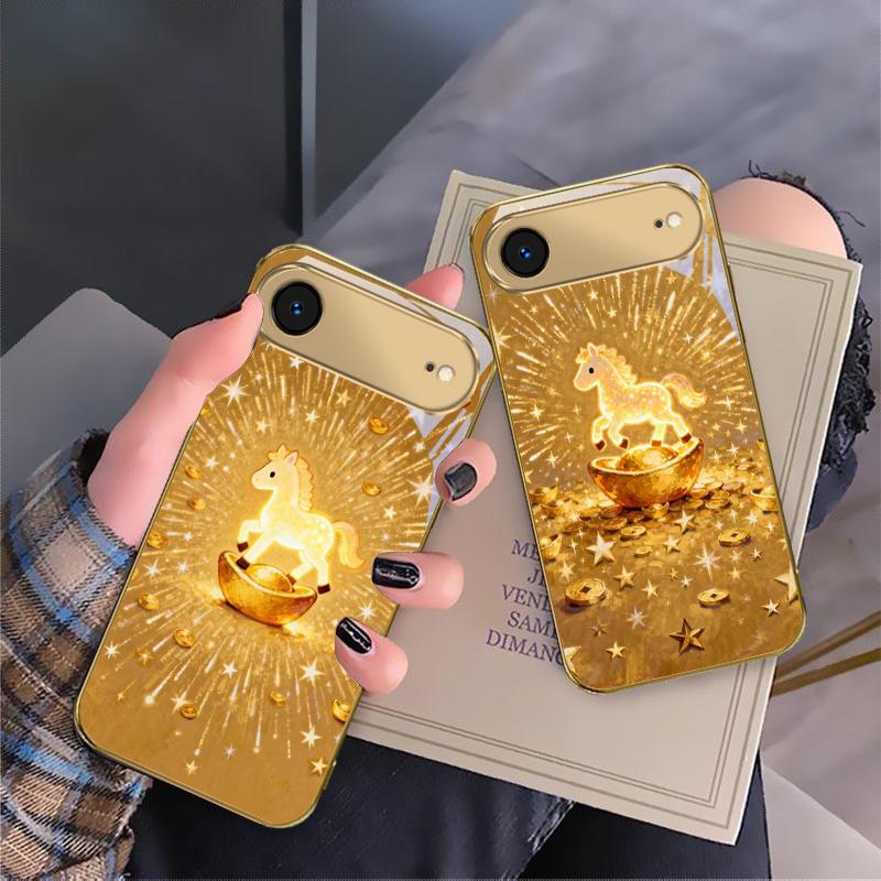 The shining golden pony For IPhone 17Pro Max 16 17 Pro 15 Pro 14 13 Plus 12 Mini 11Pro Max XR 16E 17 Air Golden glass phone case