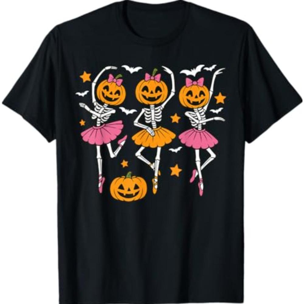 Girls Halloween Ballet Skeleton Pumpkin Shirt Funny Dance Skeleton Women TShirt Ballerina Fashion Casual Tee Daily Life Tops