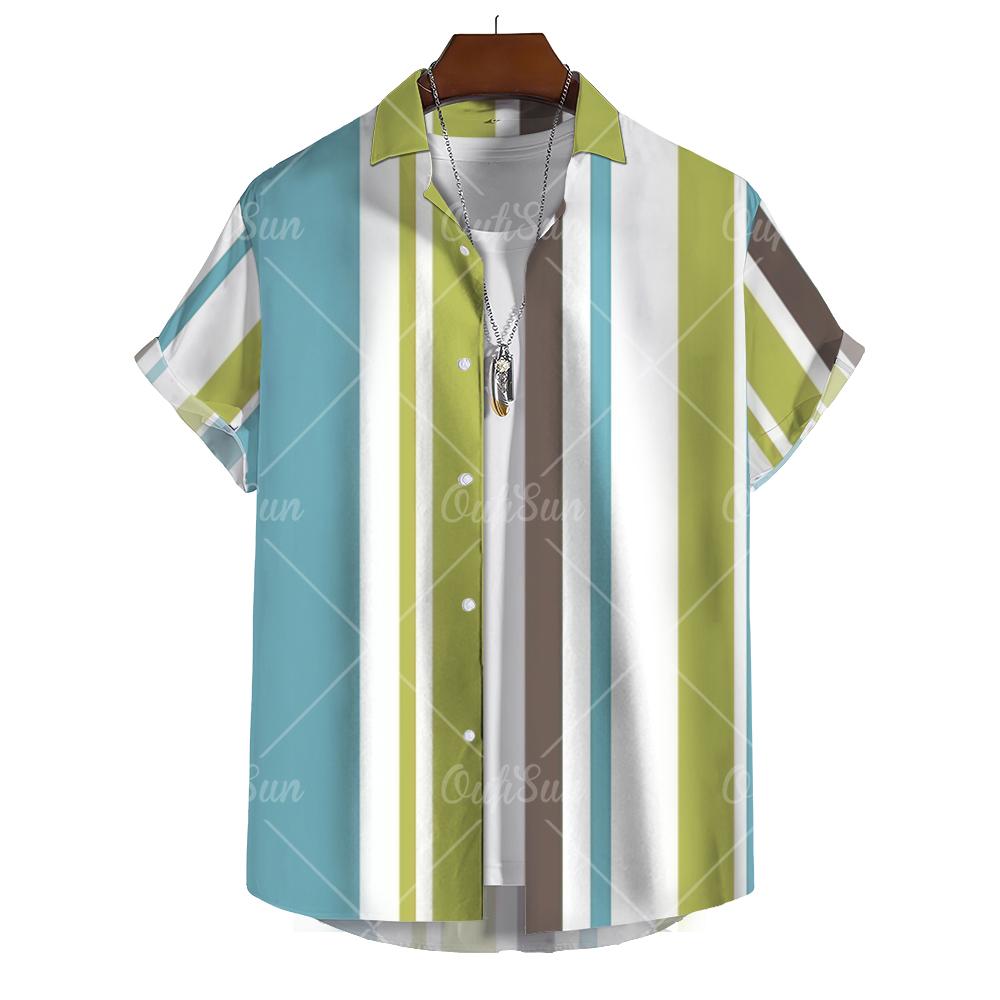 Hawaiian Men's Striped Shirts For Blouse Men Camisa Social Short Sleeve Casual Top Oversized Gym Clothing Fashion Male Vintage