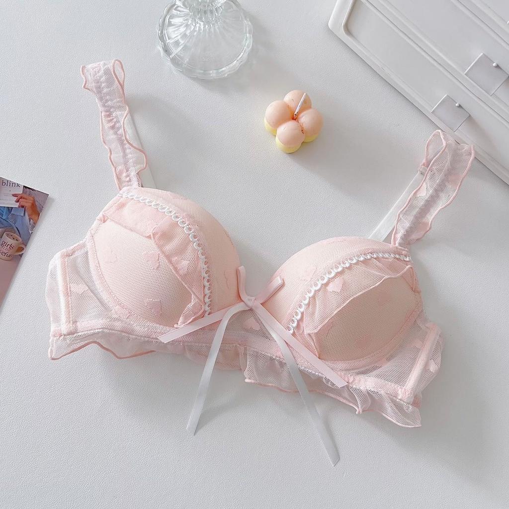Japanese sweet pure desire bow girls underwear lace small breasts gathered anti-drop no steel ring bra