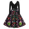 Ladies' Fashionable Retro Long Sleeved Square Neck Christmas Printed Evening Dress Dress
