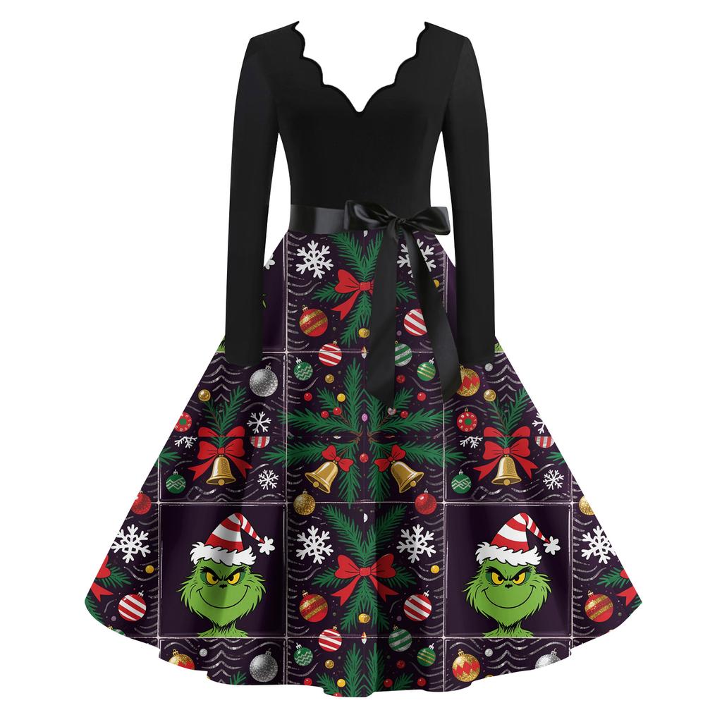 Ladies' Fashionable Retro Long Sleeved Square Neck Christmas Printed Evening Dress Dress