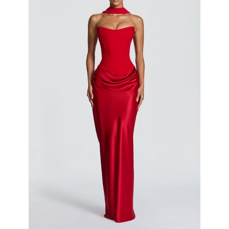 New Solid Color Waist Sexy Tube Top Hip Long Dress Dress Satin Lace-up Streamer Dress