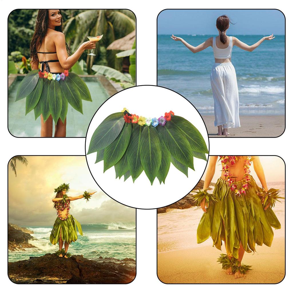 Green Leaves Skirt and Hawaiian wreath set With Flowers Hawaiian Leaves Grass Skirt for Autumn Cosplay Teens Stage Performance