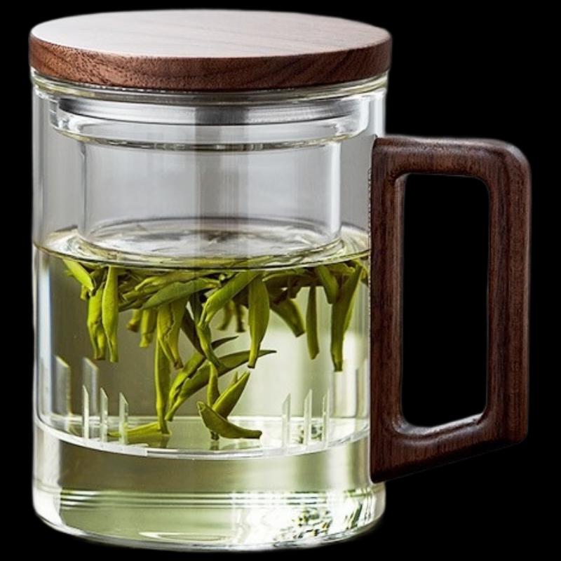 Tea-Water Separation Glass Teacup with Wooden Handle