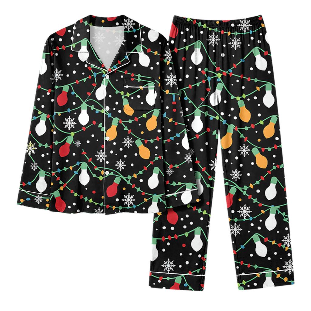 Dames avslappet mote juleprint langermet topp og bukser hjemmesett