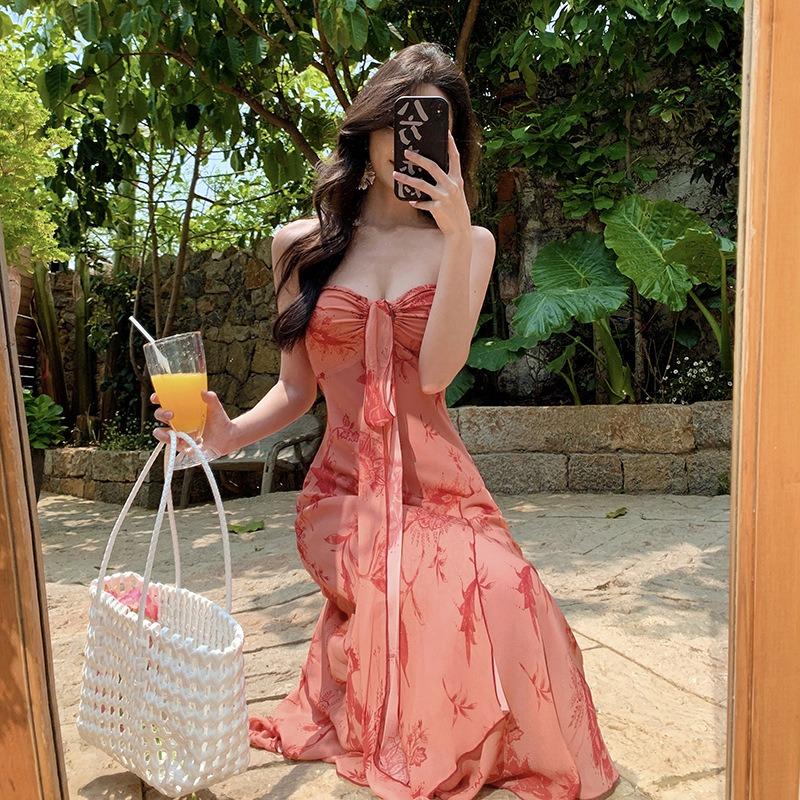 Printed Tube Top Buttocks Holiday Dress Women's Summer New Super Fairy Travel Photo Suspender Skirt