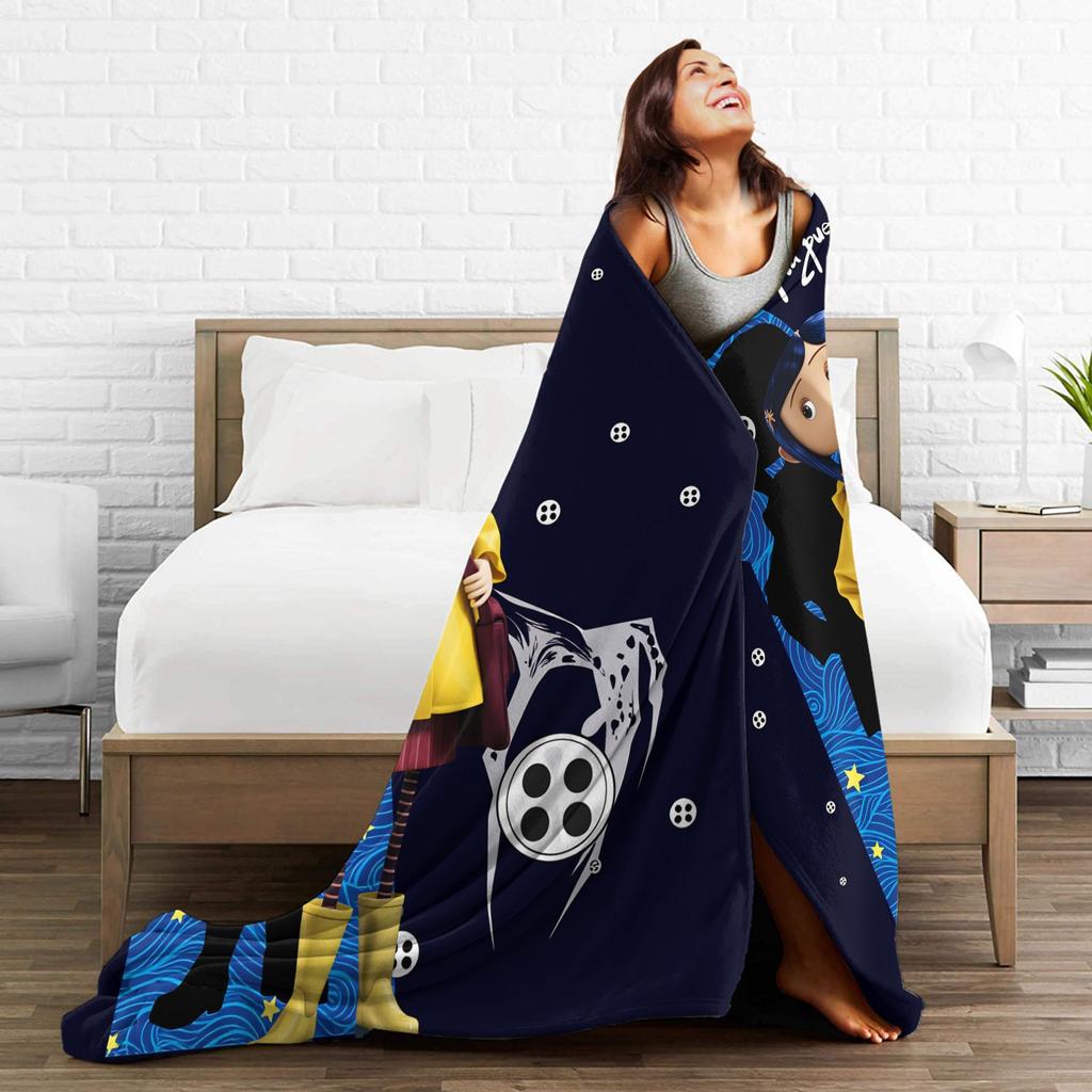 Coralines Animated Movie Blanket  Travel Flannel Throw Blanket For Living Room Warm Soft Custom DIY Quality Bedspread Gift Idea