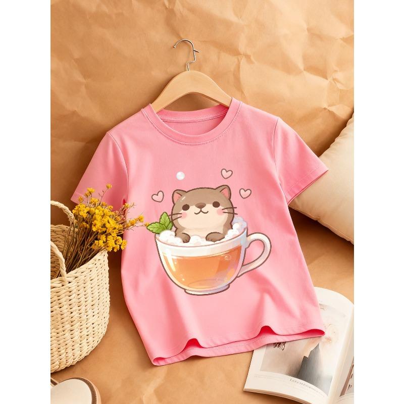 European sizes Cute Cat in a Cup Print Girls' Crew Neck T-Shirt | Casual and Relaxing, Ideal for Spring/Summer, Knit Fabric with Slight Stretch