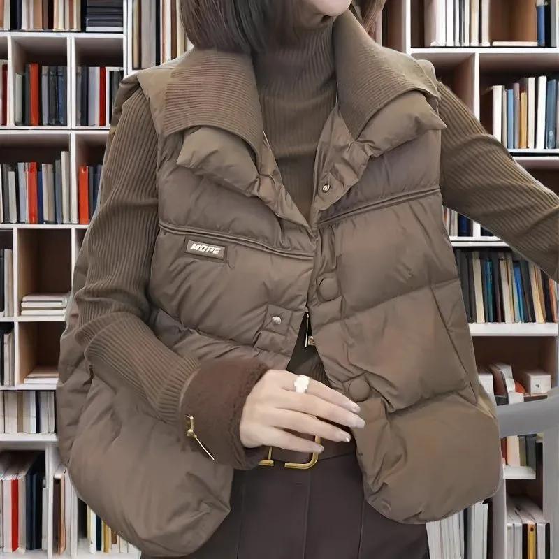Women Autumn Lapel Striped Solid Button Patch Casual Sleeveless Vest Loose Thicken Cardigan Tops