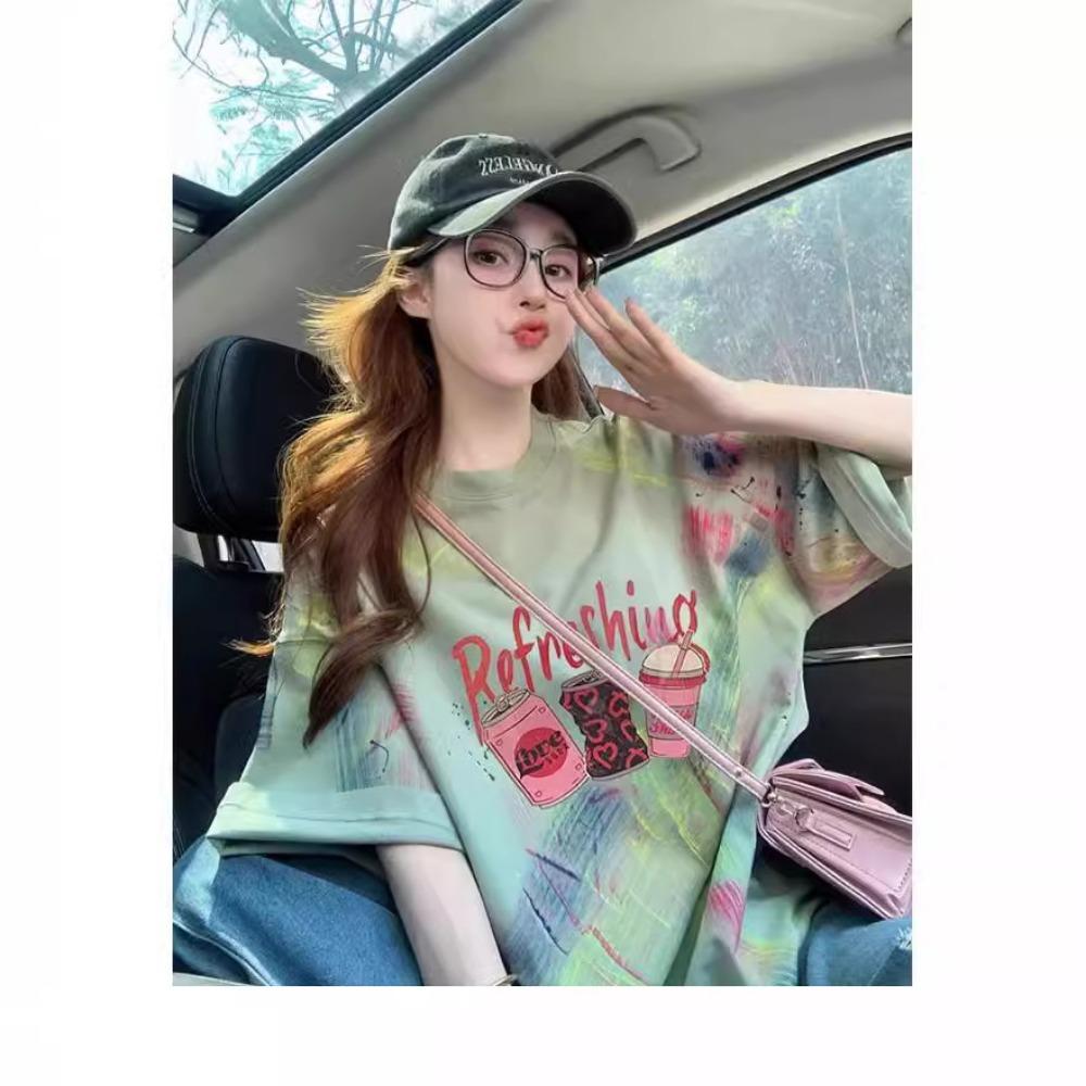 Tie-dye Design Mid-length T-shirt Women's Trendy Brand Graffiti Age-reducing Loose Slimming Top