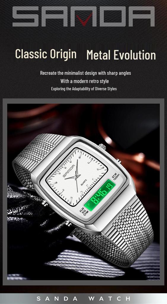 SANDA Men's Steel Band Dual Display Watch with Multi-Time Zone, Night Glow, and Waterproof Features