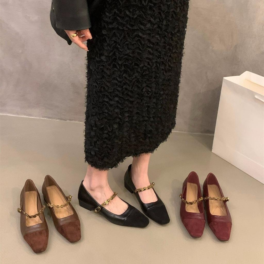 French low-heeled red Mary Jane single shoes women's shoes spring and autumn retro splicing black commuter shoes