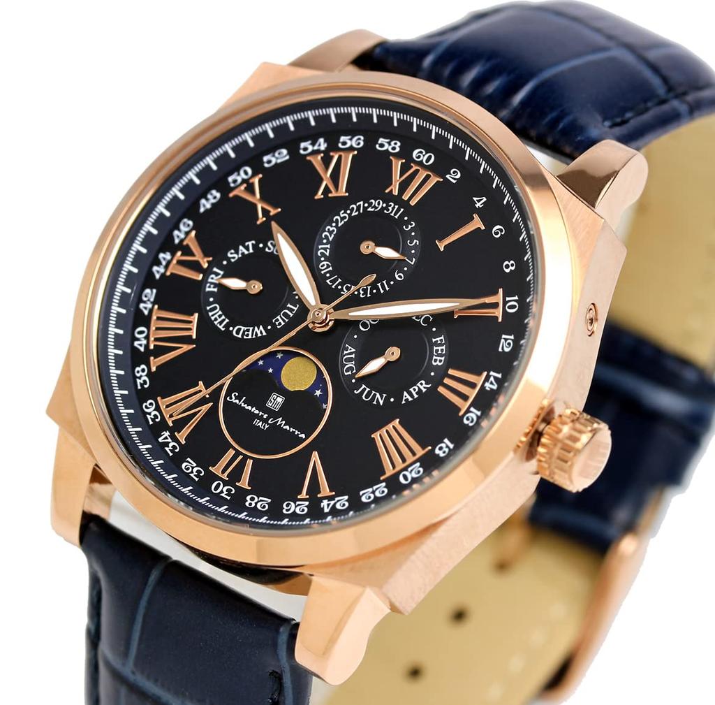 Salvatore Marra Watch Moon Phase 5 ATM Water Resistant Business Formal Leather Strap Limited Edition Blue Pink Gold Multi-Calendar Men's SM22105S-PGBL
