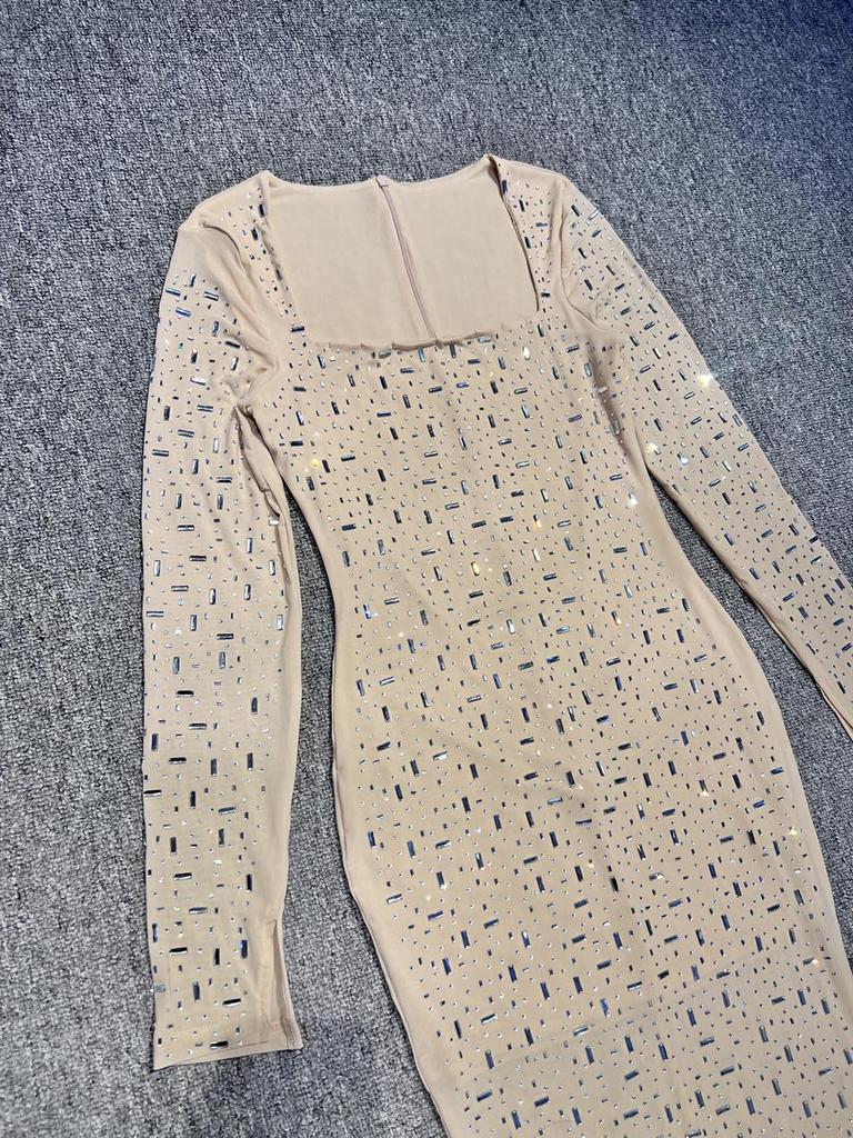 European & American Heavy Industry Rhinestone Sexy Slim-fit Long-sleeve See-through Evening Dress