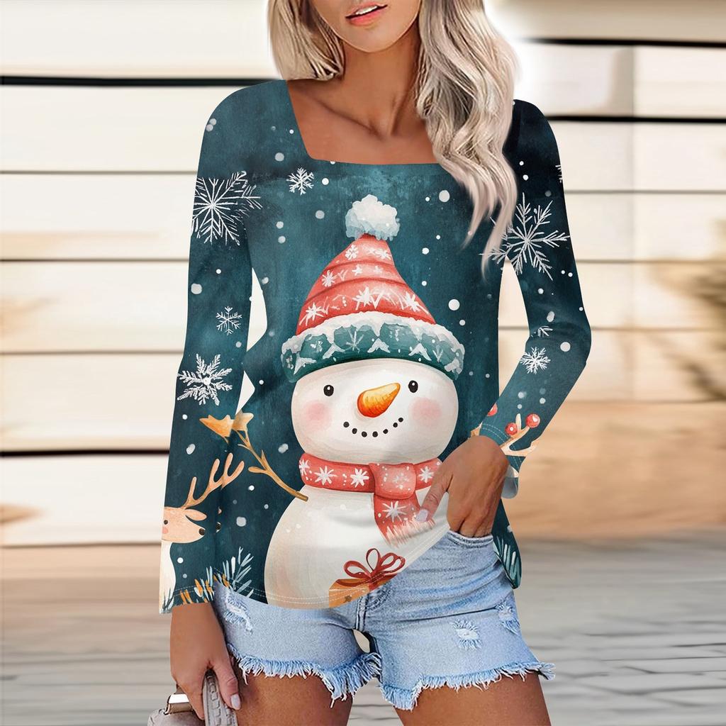 Women's Fashion Casual Long Sleeve Christmas Snowman Printed T-shirt Top