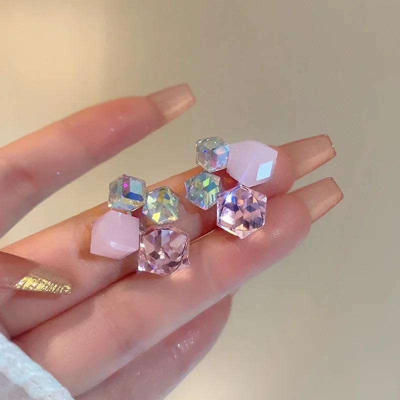 Pink Crystal Geometric Cube Square 3D Fantasy Gradient Candy Stud Earring for Women Simple Personality Jewelry Girl Gift