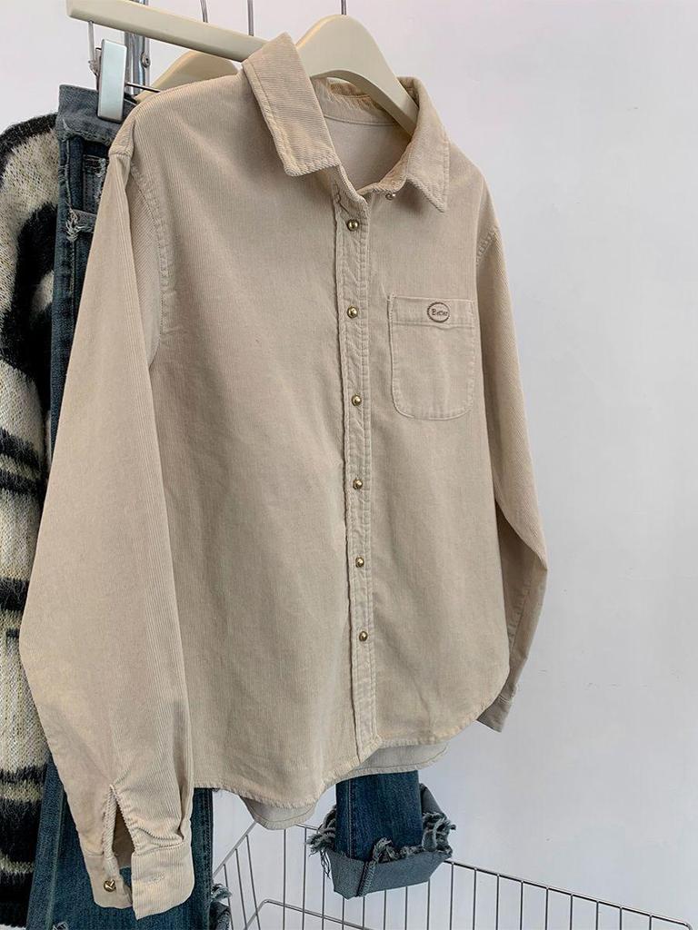 Damen Retro Rosa Cordhemdjacke - Herbst/Winter Langarm Oberteil