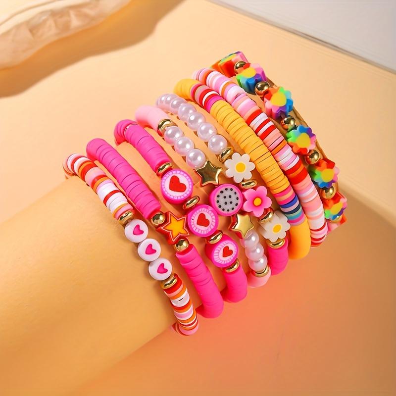 8pcs Sweet Flower Heart Pink Polymer Clay Layered Bracelet Set, Valentine Music Festival Party Jewelry for Women