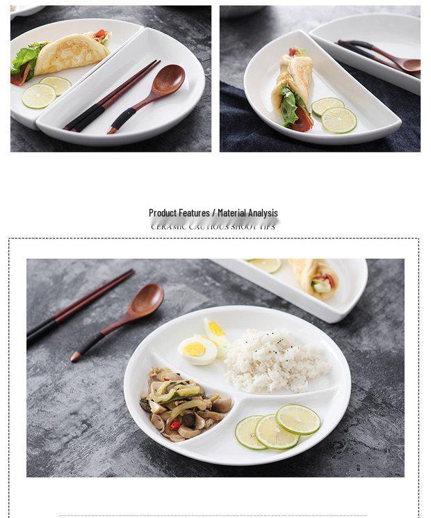 White Ceramic Divided Plate for Home Use - Three & Four Compartments - Creative Fitness Separator Plate