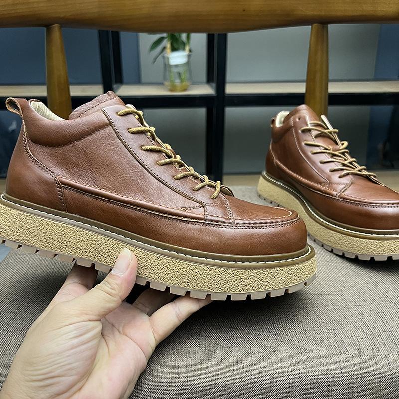 Autumn and winter Martin boots men s breathable leather tooling boots men s velvet leather boots casual mid-top short boots 38