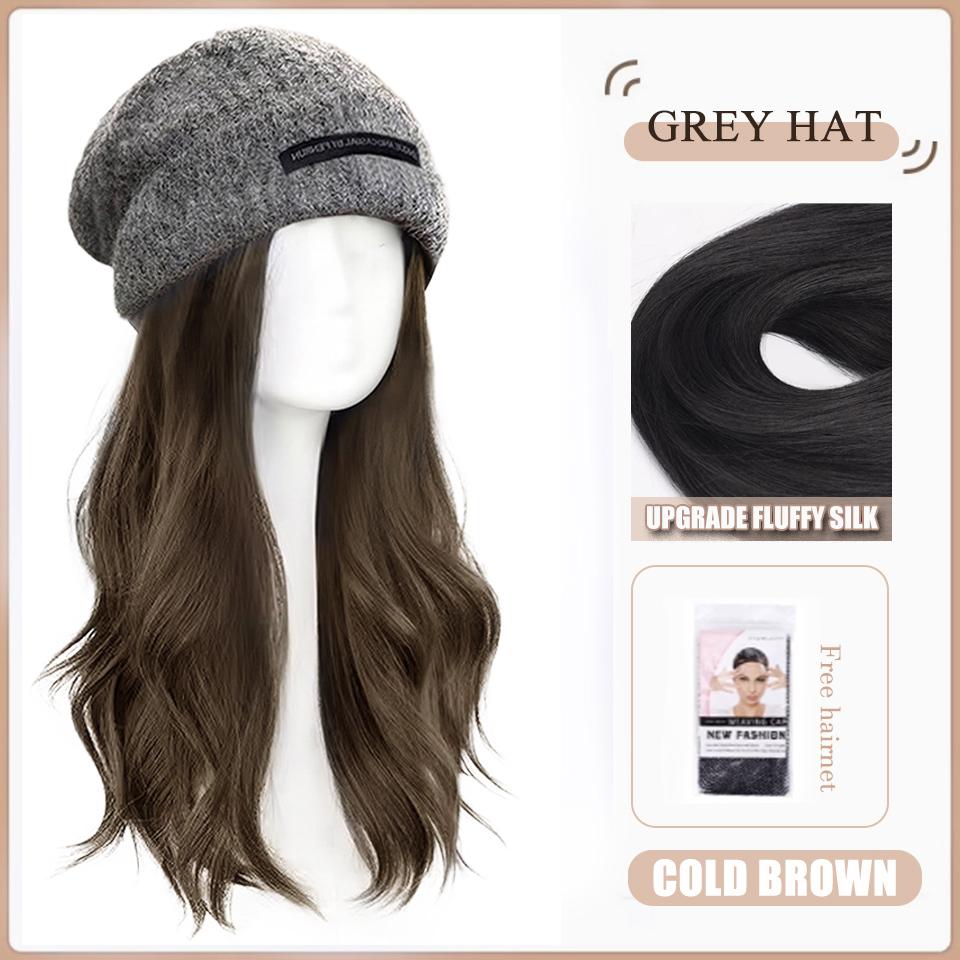 

WTB Hat парик интегрированный синтетический парик женская мода осень и зима серая теплая шерстяная вязаная шапка длинный кудрявый парик шапка 40CM