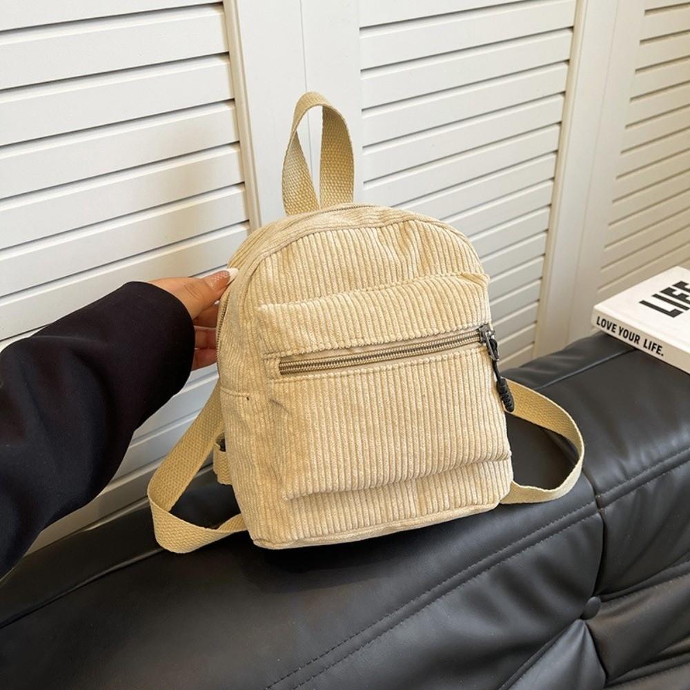 Zipper Double Shoulder Bag Lightweight Daypack Korean Style Corduroy Mini Backpack Casual Travel