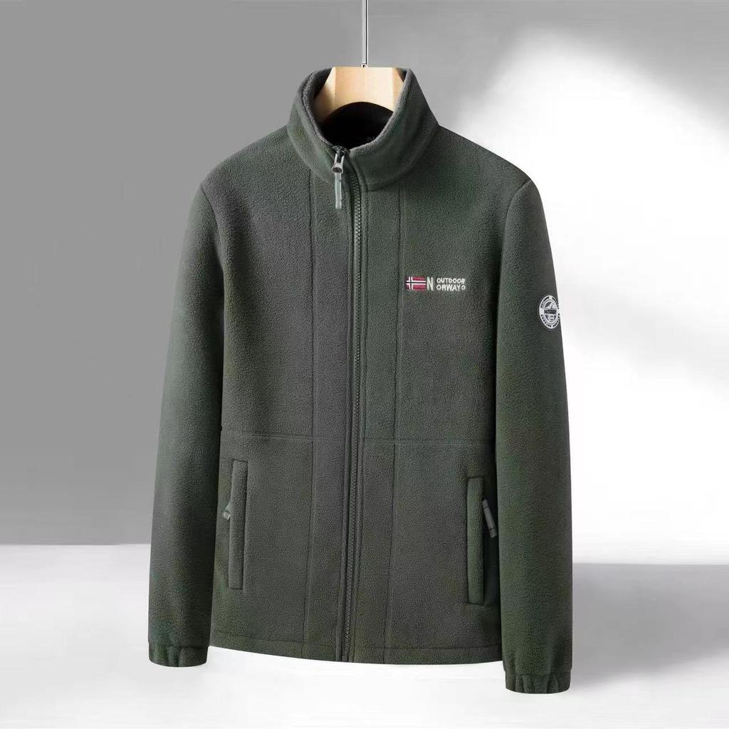 Men's Beige Fleece Zip Up Jacket Stand Collar Chest Pocket Sport Casual Pullover
