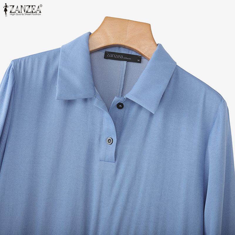 ZANZEA Women Casual Turn Down Collar Loose Long Sleeve Dress