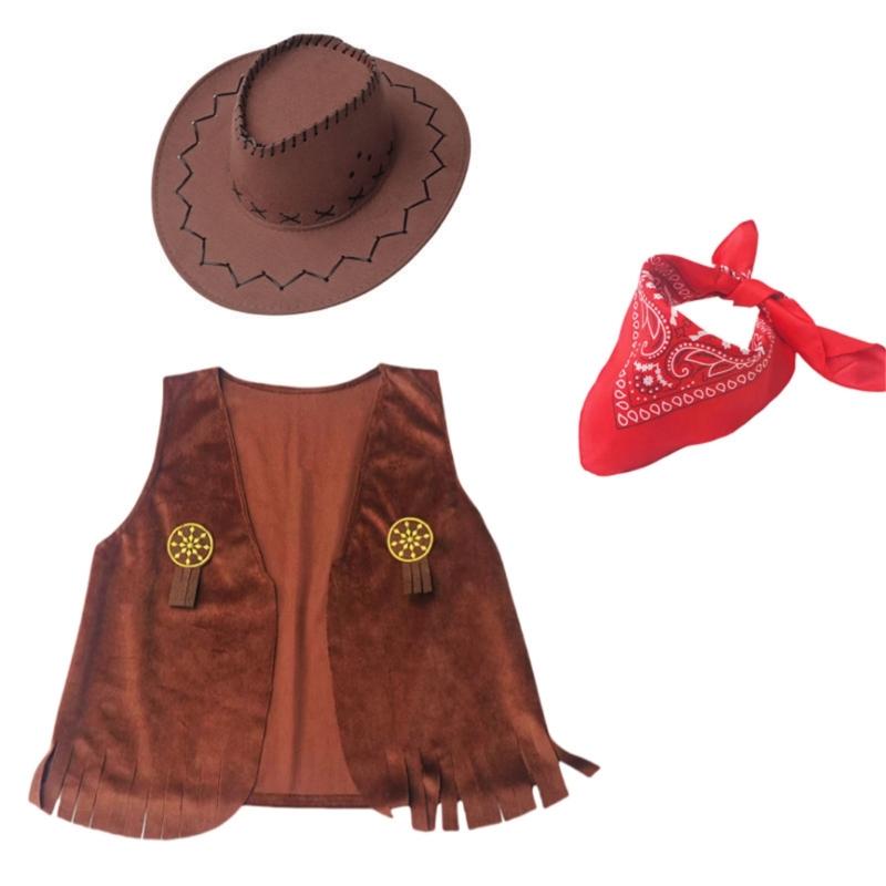 3Pcs Western Outfits Cowboy Hat Bandana Western Cowboy Costume Accessories for Halloween Party Dressing Up Pretend Play