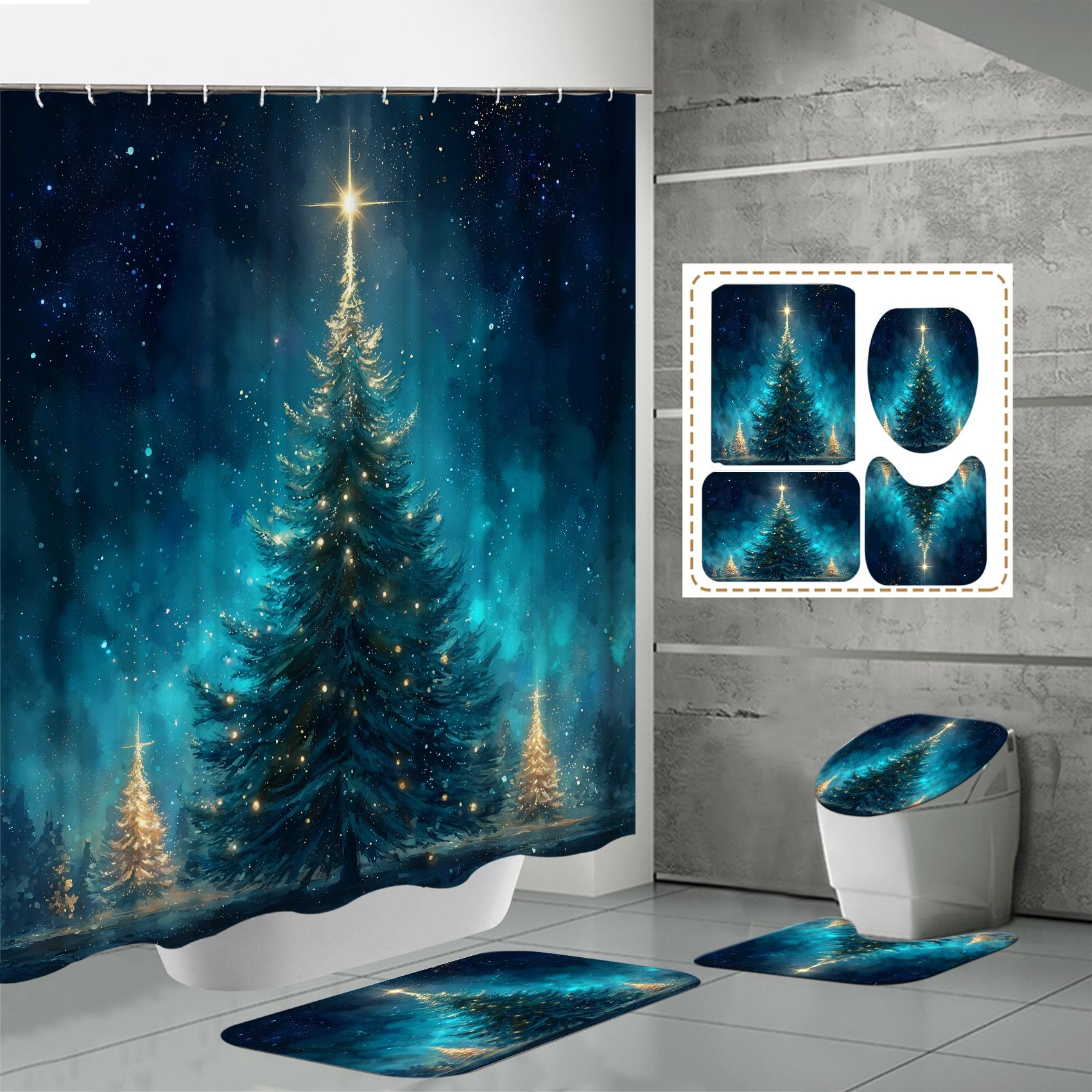 

4 ШТ. Наборы штор для душа со шторкой для душа и ковриками, коврик для крышки унитаза, U-образный коврик и коврик для ванной, набор для ванной комнаты с 12 крючками One Size