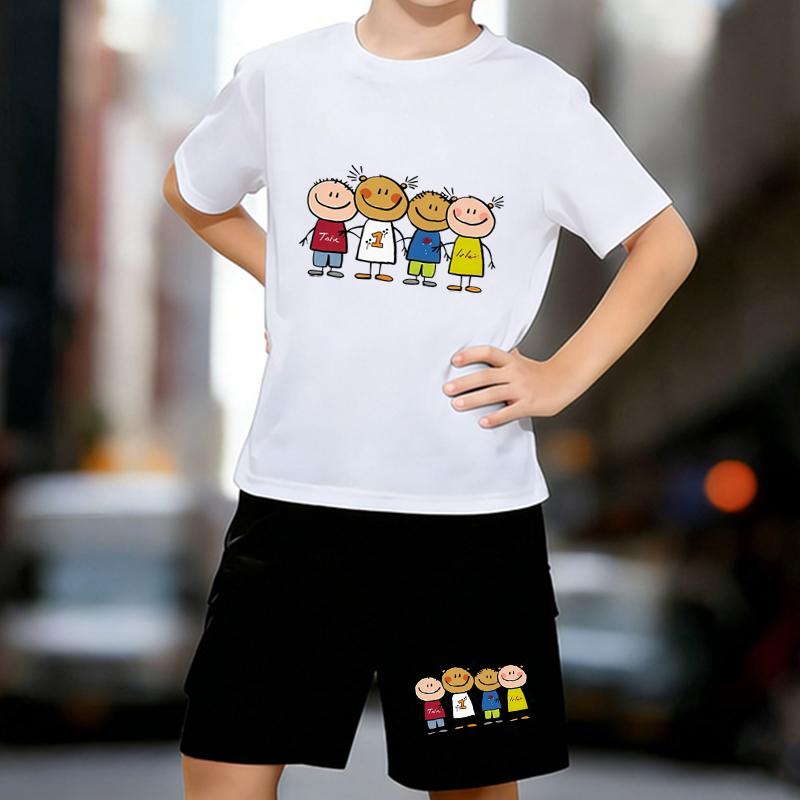 

Boys 2 Piece Happy Friends Printed outfit, Short Sleeve T-Shirt and Shorts Set for Kids Age 5-14,Black ,White Sporty Casual Summer Clothes 13-14 Years білий
