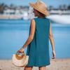 Women's Round Neck Sleeveless Mini Dress Loose Solid Color Button Front Dual Pocket Casual Beach Sundress
