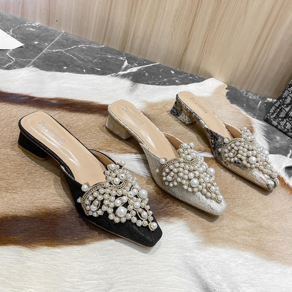 New Thick Heel Baotou Slippers with Pearl Decoration for Women's Head, Middle Heel, Soft Bottom, Half Tow, Outerwear Cool
